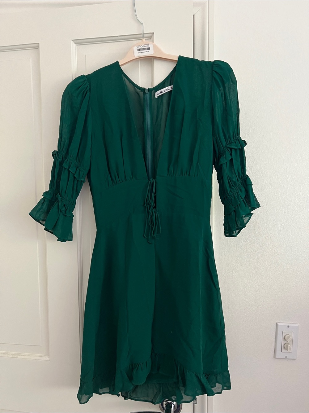 Reformation Deep Emerald Green V-Neck Tie-Front Mini Dress